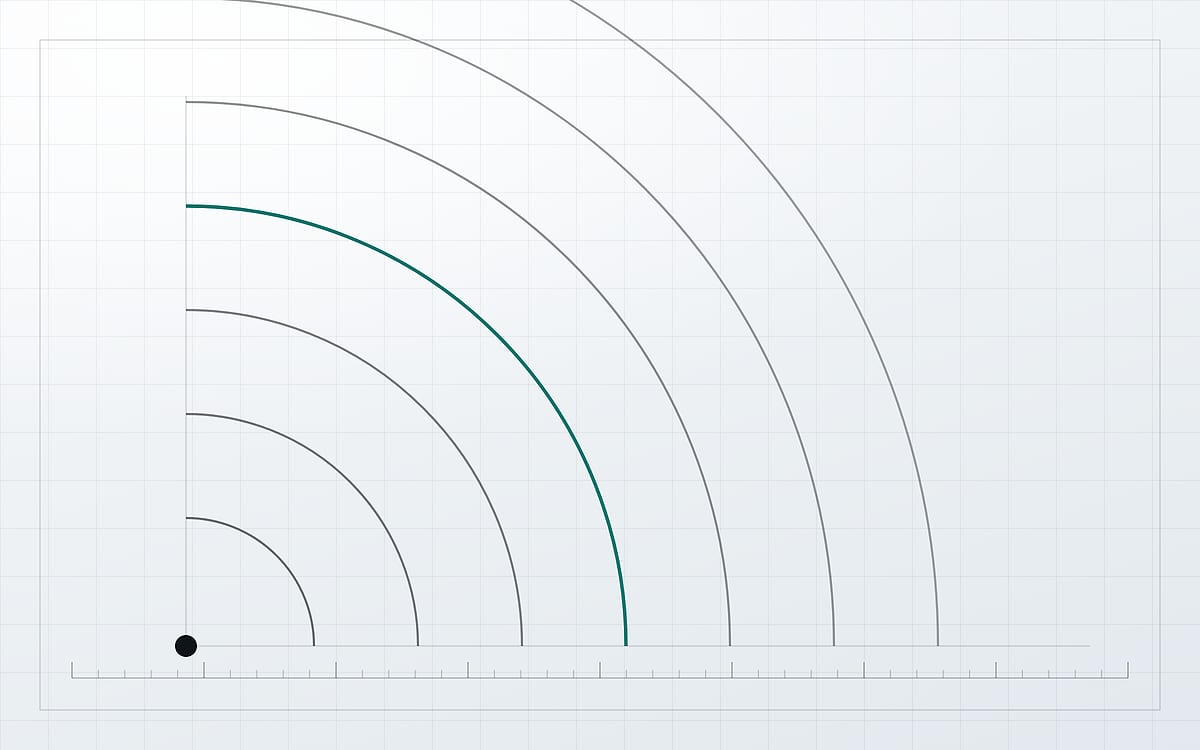 A drawn mark on a pale grid: seven quarter circle arcs opening outward from a single filled dot in the lower left corner, with one of the arcs picked out in teal.