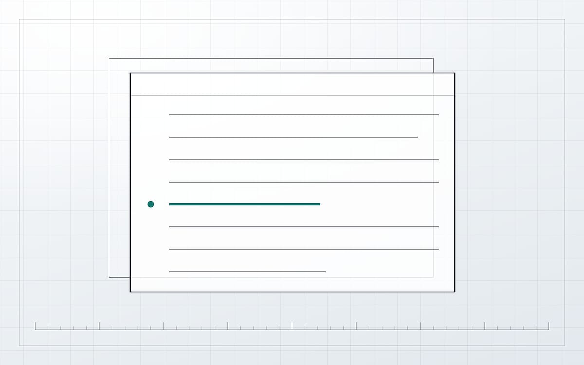 A drawn mark on a pale grid: two sheets of ruled paper stacked slightly offset, with one of the ruled lines drawn in teal and a small teal dot in the margin beside it.
