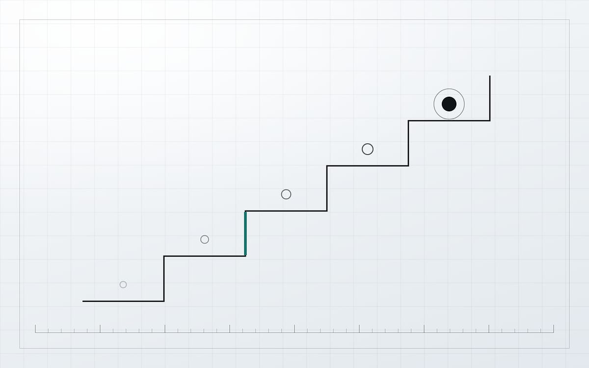 A drawn mark on a pale grid: a stair of five steps climbing to the right, a filled dot at the top step, open circles resting on the steps below it, and one of the risers drawn in teal.