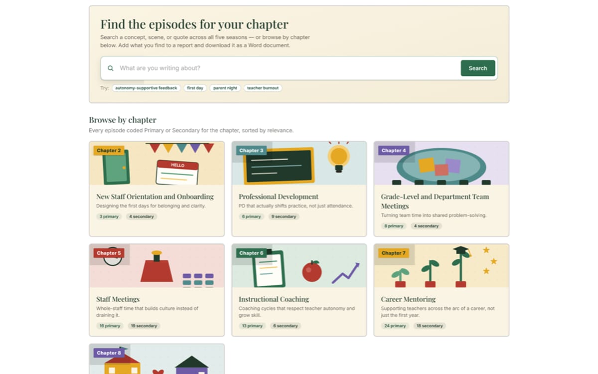 The Abbott research app: a search box for finding episodes for a chapter, above cards for chapters such as staff meetings and instructional coaching, each counting the episodes coded to it.