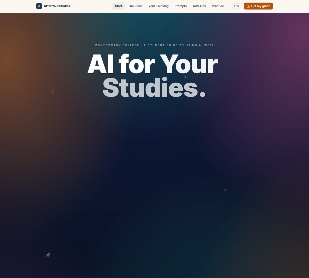 The AI for Your Studies site: the title set large in white on a dark gradient, above the line Use AI to learn faster and think harder.