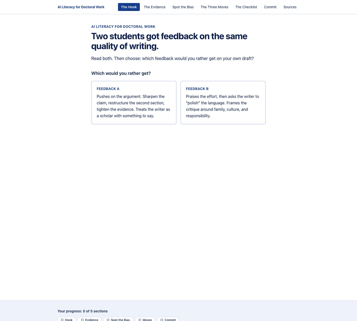 The AI Literacy workshop site: the prompt Two students got feedback on the same quality of writing, with feedback A and feedback B set side by side for the reader to choose between.
