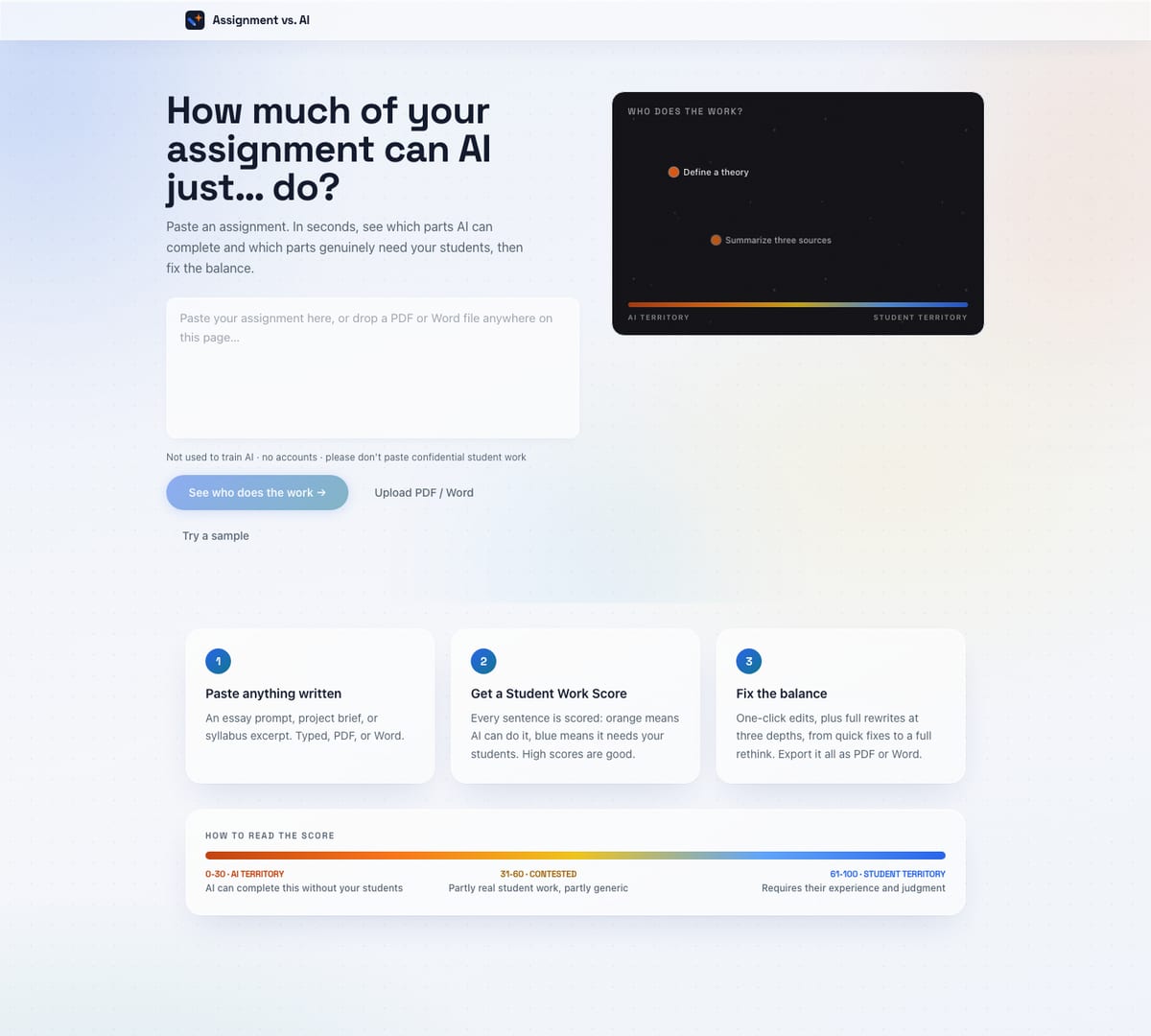 The Assignment vs. AI checker: the question How much of your assignment can AI just do, a box for pasting an assignment, and a dark panel splitting a sample between AI territory and student territory.