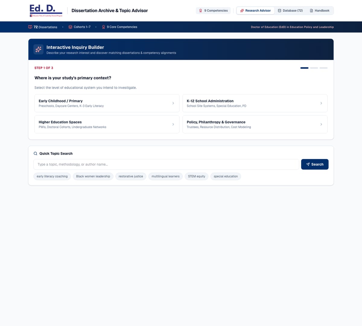 The AU EdD dissertation archive: a research advisor panel asking where a study sits, offering four contexts to choose from, with a topic search box beneath it.