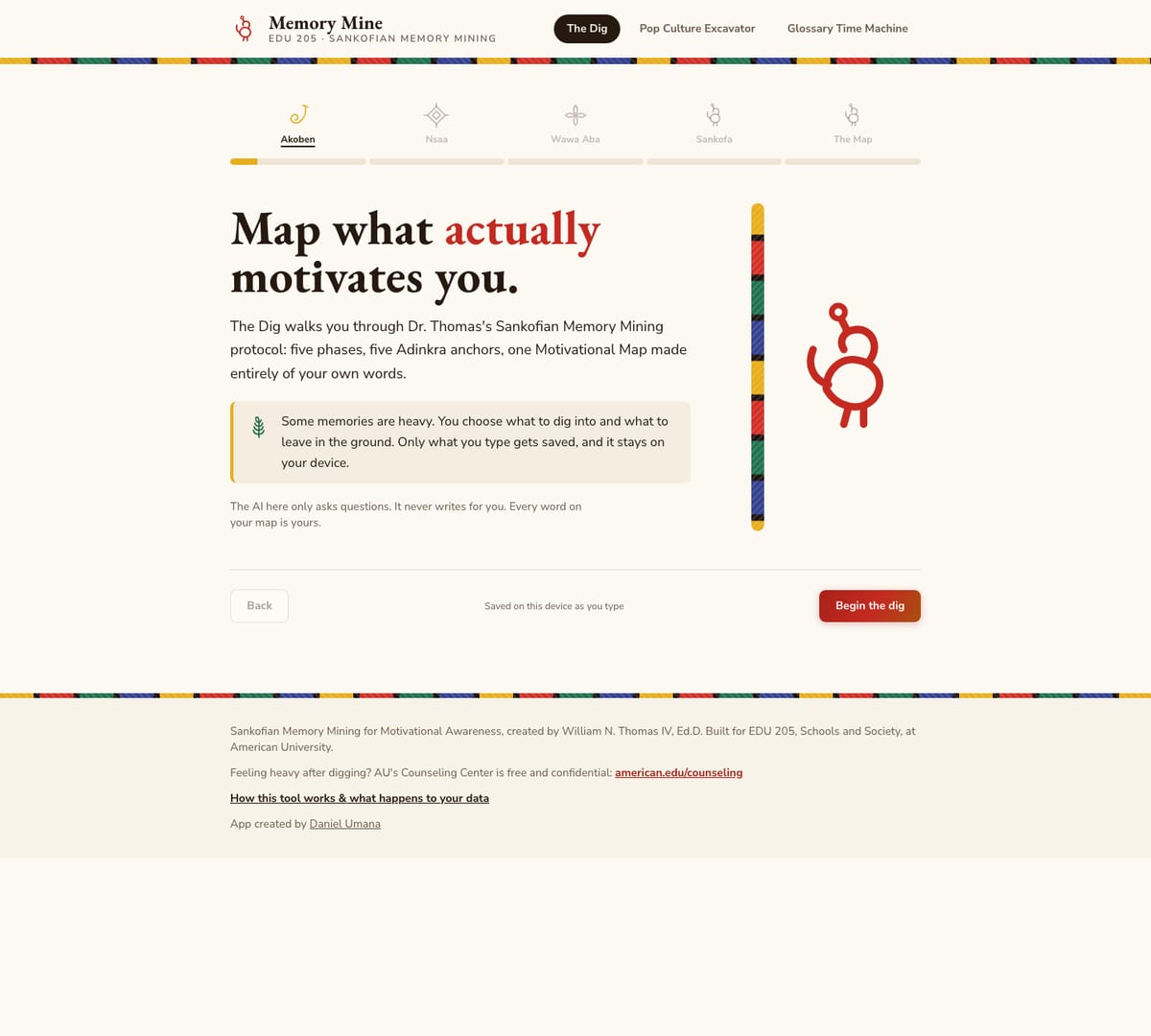 The EDU 205 Memory Mine tool: the heading Map what actually motivates you, a description of the five phase memory mining protocol, and an Adinkra symbol drawn in red beside it.