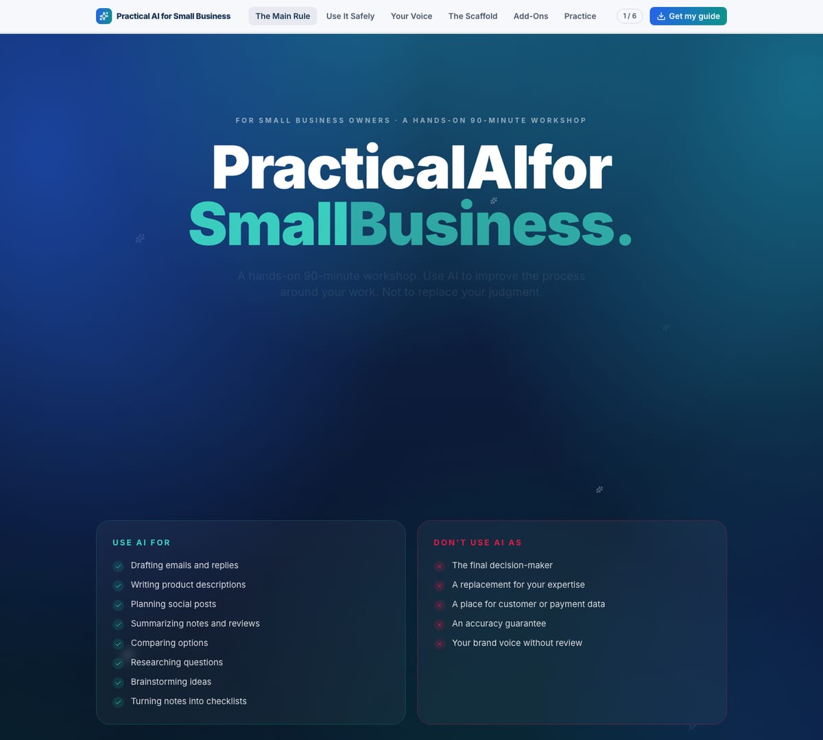 The Practical AI for Small Business workshop site: the title set in white and teal on a blue gradient, above a line describing a hands on ninety minute workshop.