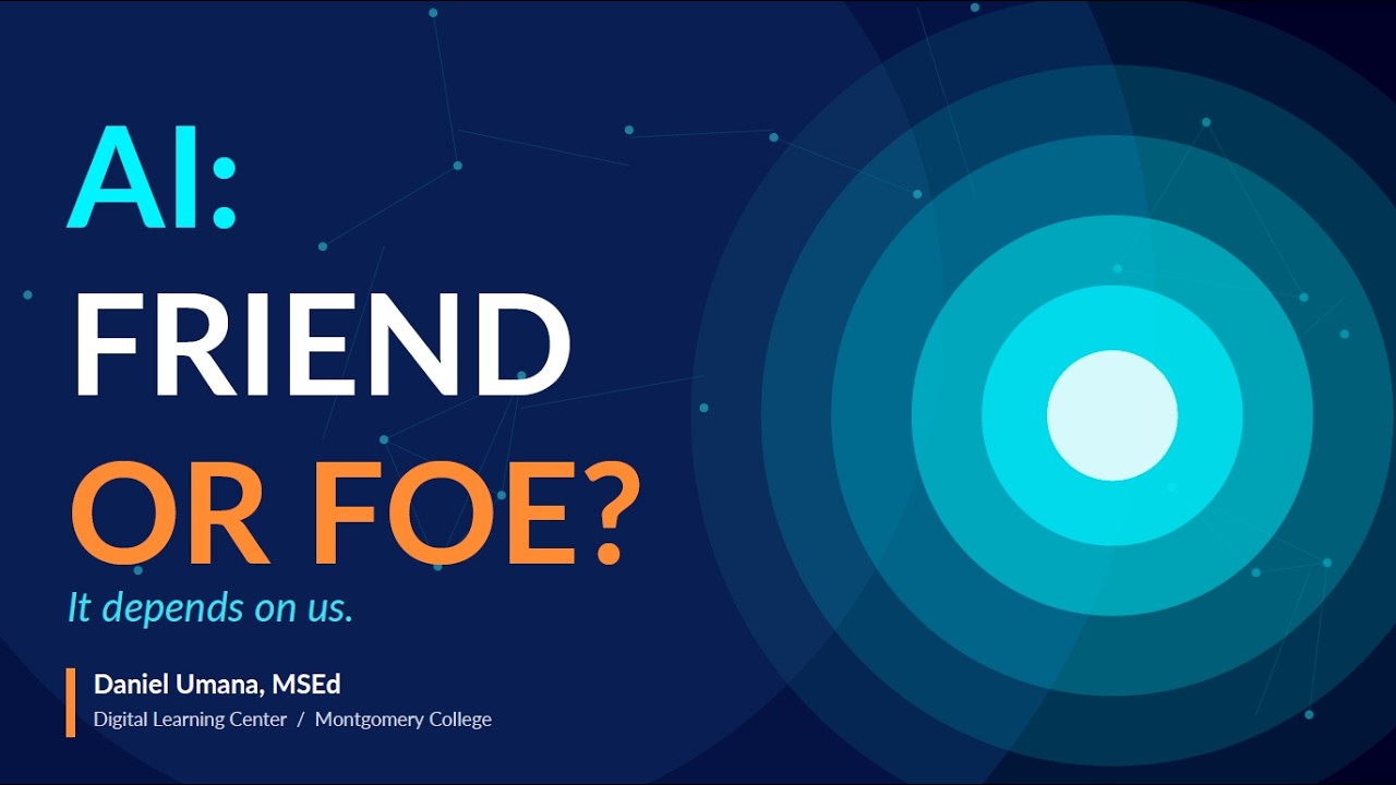 The opening slide of the talk, reading AI: Friend or Foe? over a dark blue field of concentric circles, with the line It depends on us beneath it.
